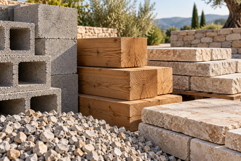Inspiration : assemblage de blocs de béton, de bois et de pierre.